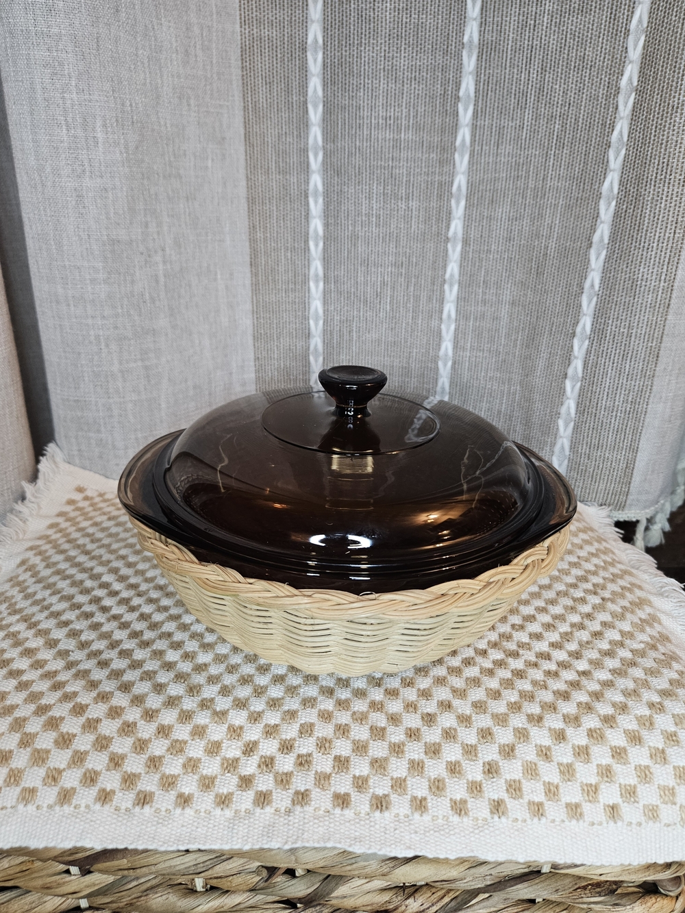 Vintage Pyrex Brown Amber Glass Casserole Dish with Lid And Wicker Basket